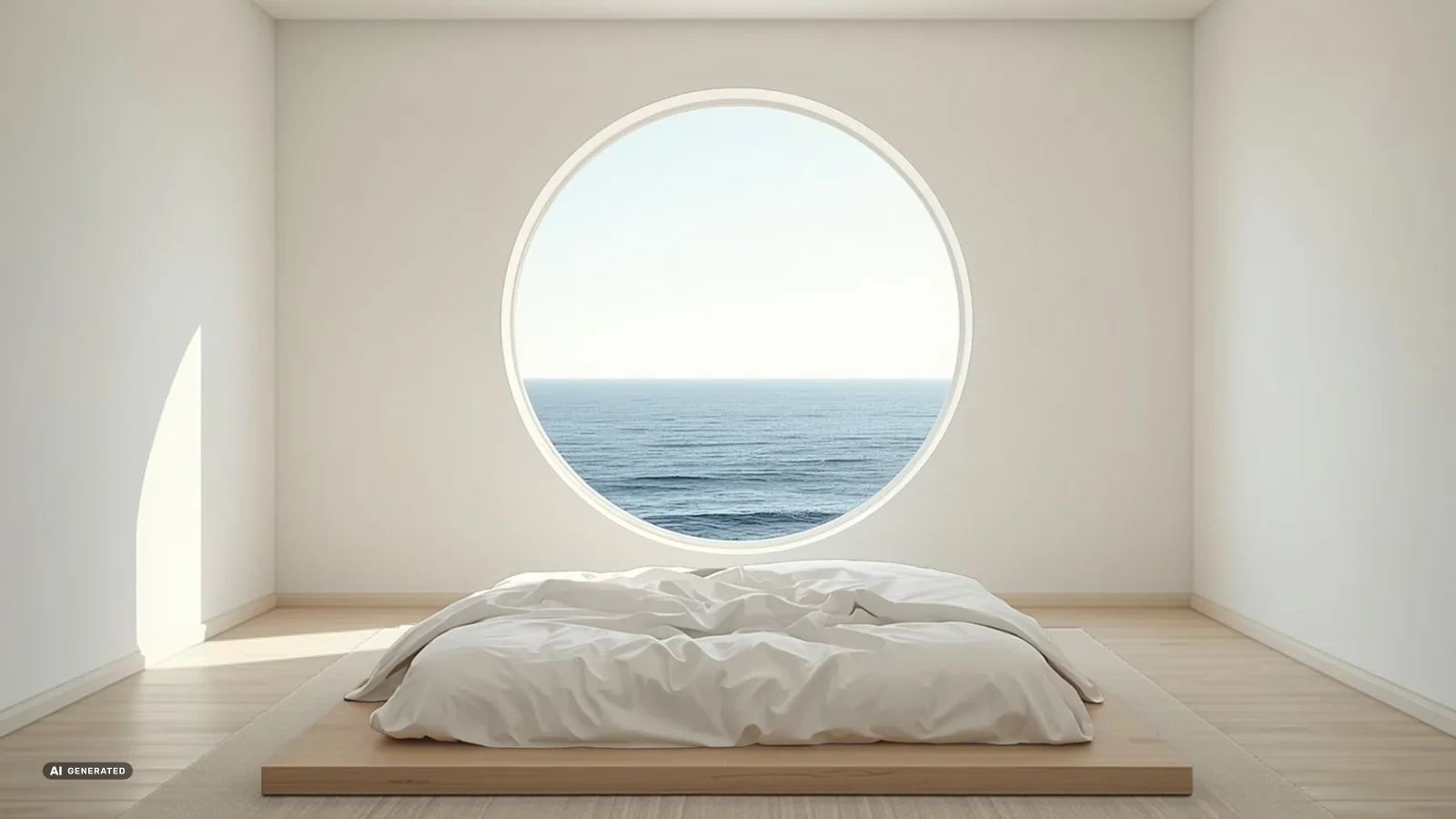 KI-generiertes Symbolbild: frisch bezogenes Bett in einer hellen Schiffskabine, rundes Bullauge mit Blick aufs Meer, warmes Morgenlicht