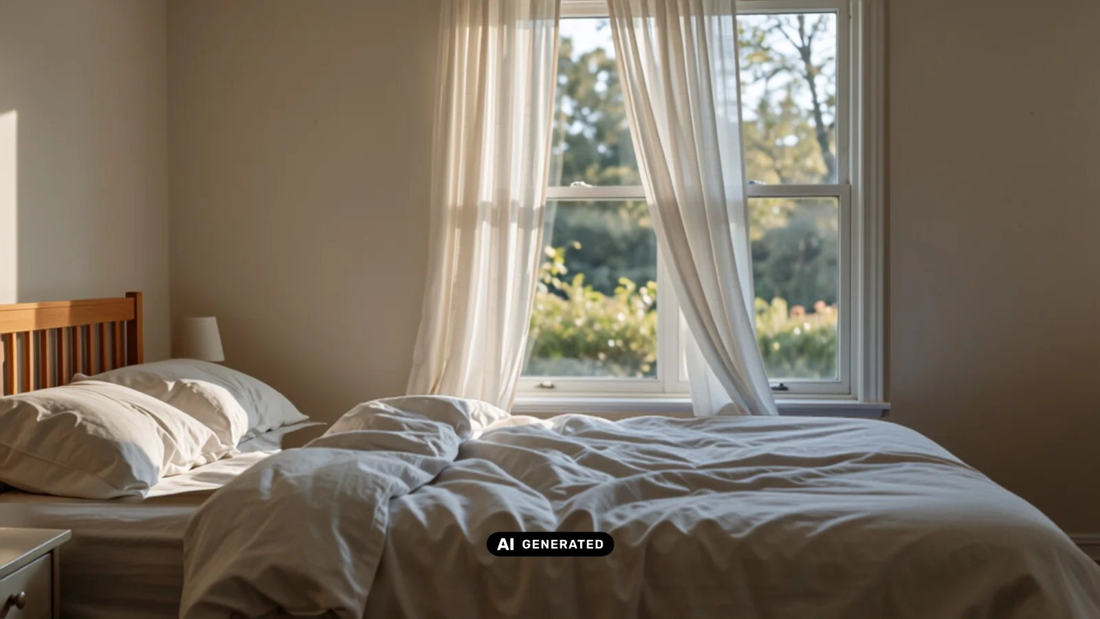 KI-generiertes Symbolbild: leichte Sommerbettdecke im hellen Schlafzimmer mit wehender Gardine