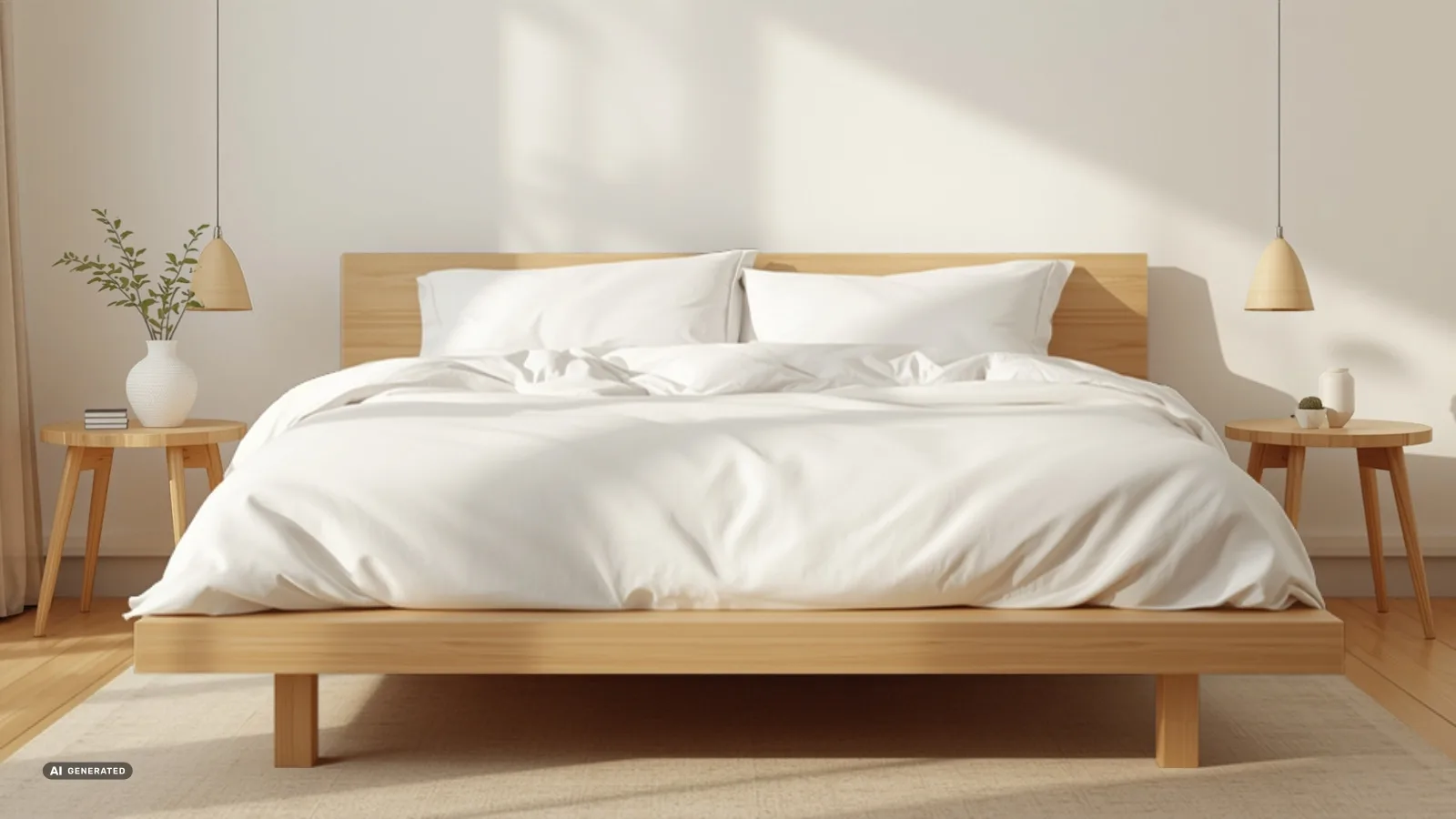 KI-generiertes Symbolbild: frisch bezogenes Doppelbett mit hellem Holzrahmen und weisser Bettdecke in einem ruhigen Schlafzimmer bei warmem Tageslicht, keine Personen im Bild